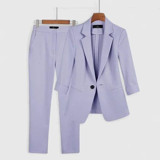 Stylish Blue Two Piece Set for Women with Long Sleeve Collared Button Front Office Style