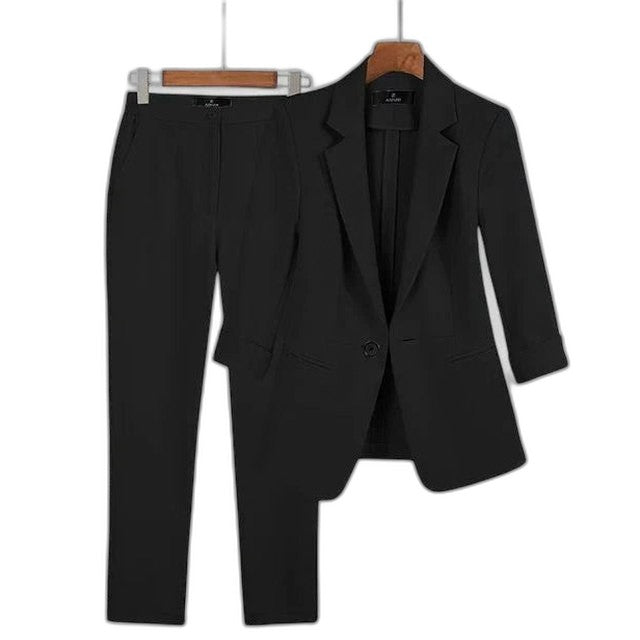 Stylish Blue Two Piece Set for Women with Long Sleeve Collared Button Front Office Style