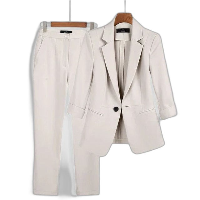 Stylish Blue Two Piece Set for Women with Long Sleeve Collared Button Front Office Style