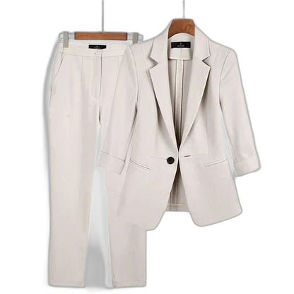 Stylish Blue Two Piece Set for Women with Long Sleeve Collared Button Front Office Style
