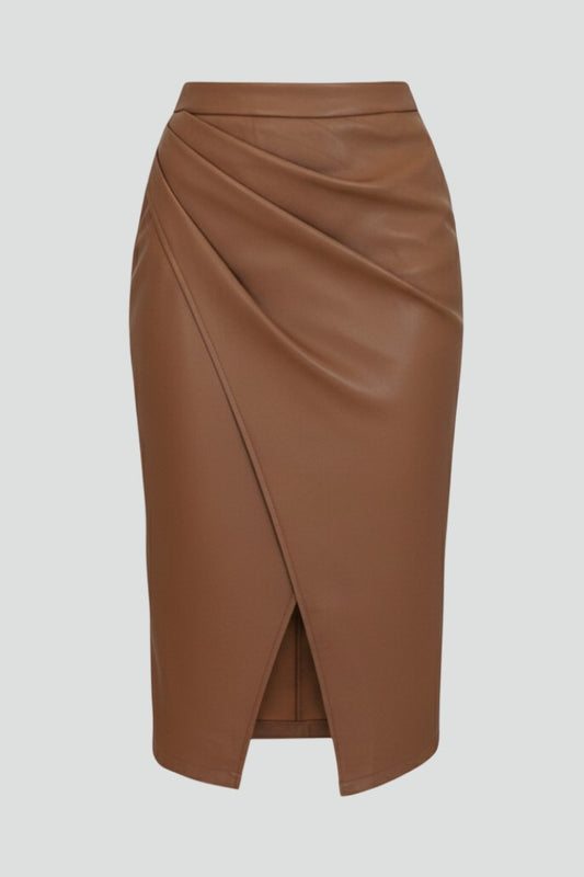Stylish Brown Leather Midi Skirt for Women with Wrap Pleated Office Style