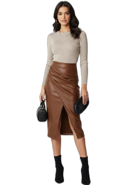Stylish Brown Leather Midi Skirt for Women with Wrap Pleated Office Style