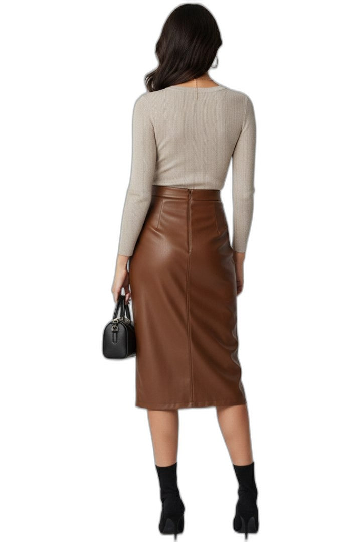 Stylish Brown Leather Midi Skirt for Women with Wrap Pleated Office Style