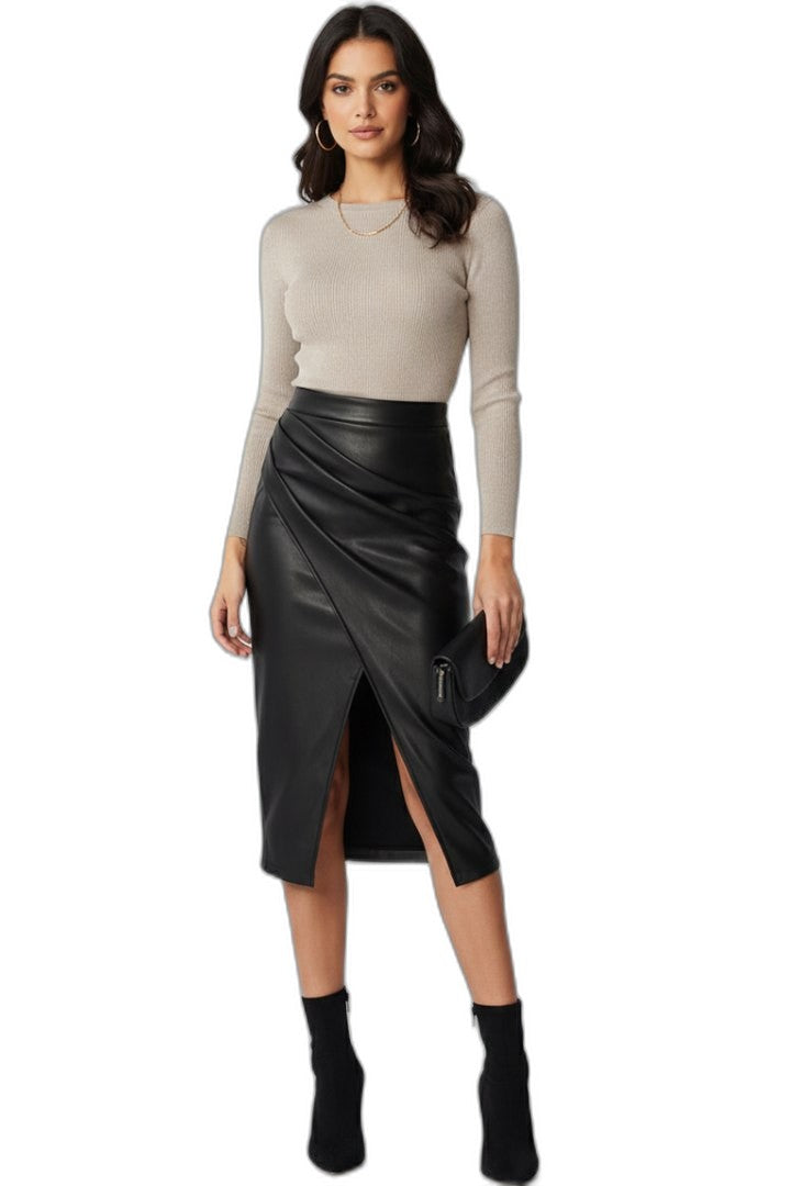Stylish Brown Leather Midi Skirt for Women with Wrap Pleated Office Style