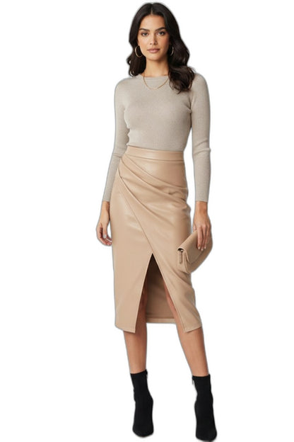 Stylish Brown Leather Midi Skirt for Women with Wrap Pleated Office Style