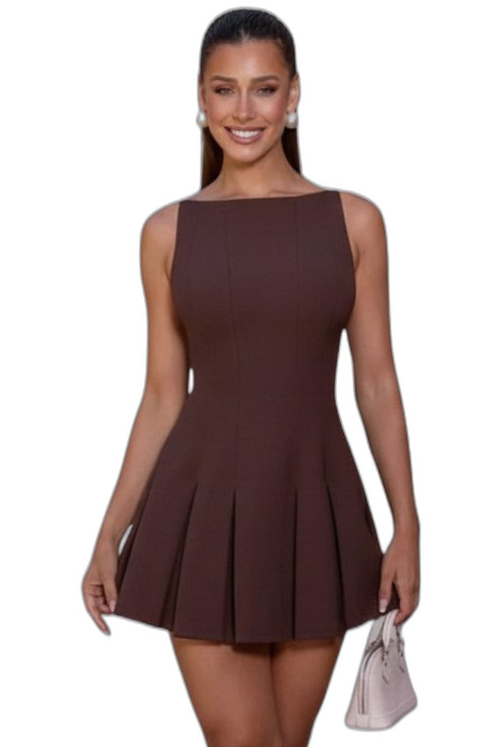 Stylish Brown Swimsuit for Women with Square Neck Sleeveless Pleated Vacation Style