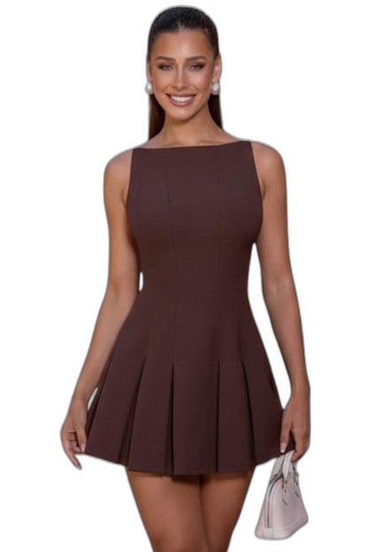 Stylish Brown Swimsuit for Women with Square Neck Sleeveless Pleated Vacation Style