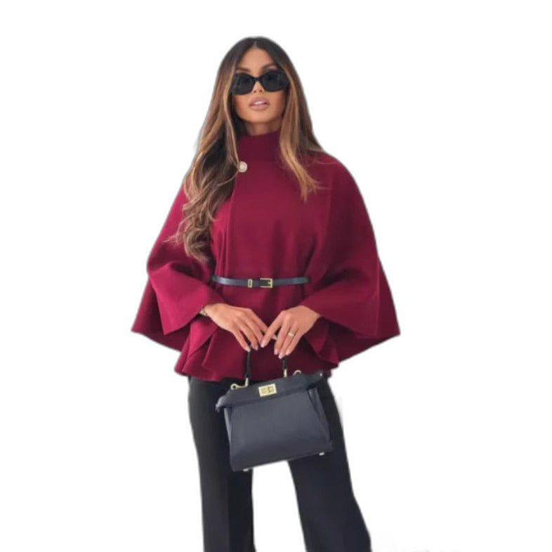 Stylish Burgundy Knit Sweater for Women with High Neck Bell Sleeve Belted Flowing Party Style