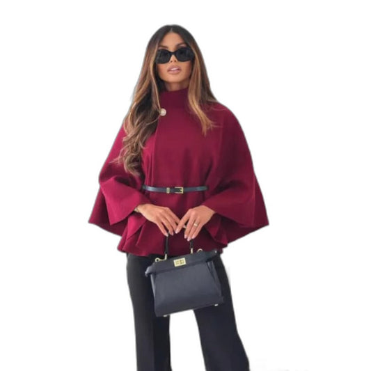Stylish Burgundy Knit Sweater for Women with High Neck Bell Sleeve Belted Flowing Party Style