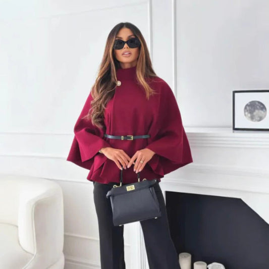 Stylish Burgundy Knit Sweater for Women with High Neck Bell Sleeve Belted Flowing Party Style