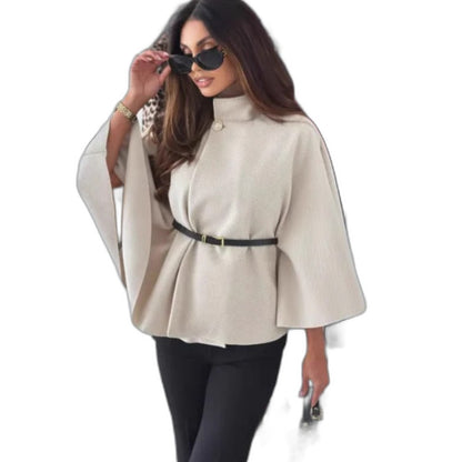 Stylish Burgundy Knit Sweater for Women with High Neck Bell Sleeve Belted Flowing Party Style