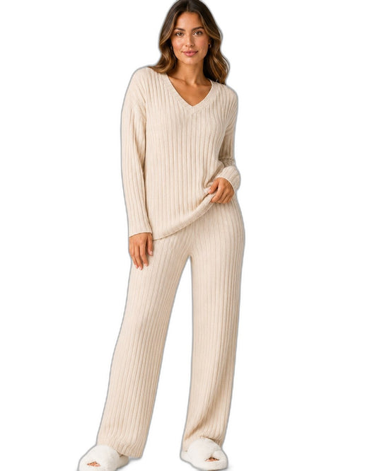 Stylish Cream Ribbed Two Piece Set for Women with Wide Leg Lounge Style