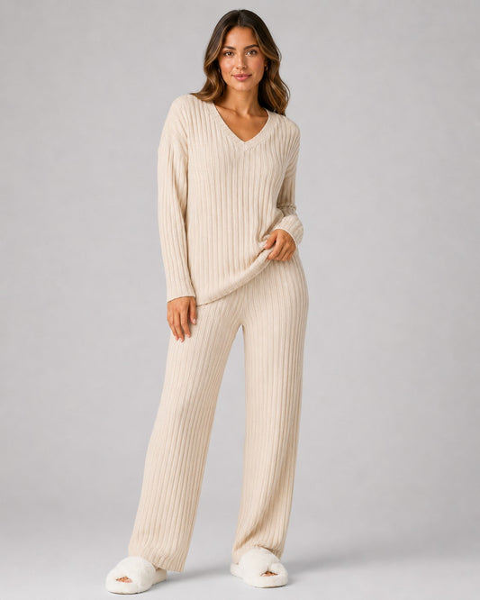 Stylish Cream Ribbed Two Piece Set for Women with Wide Leg Lounge Style