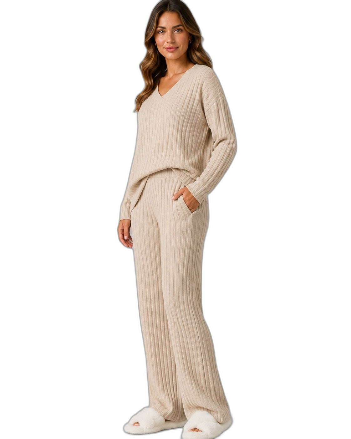 Stylish Cream Ribbed Two Piece Set for Women with Wide Leg Lounge Style