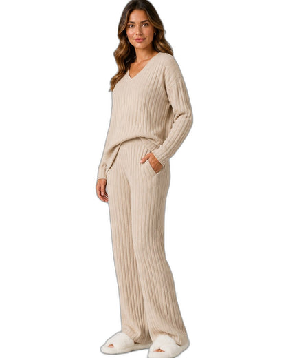 Stylish Cream Ribbed Two Piece Set for Women with Wide Leg Lounge Style