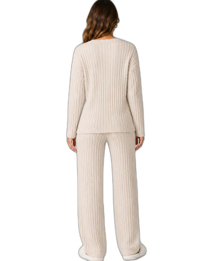 Stylish Cream Ribbed Two Piece Set for Women with Wide Leg Lounge Style