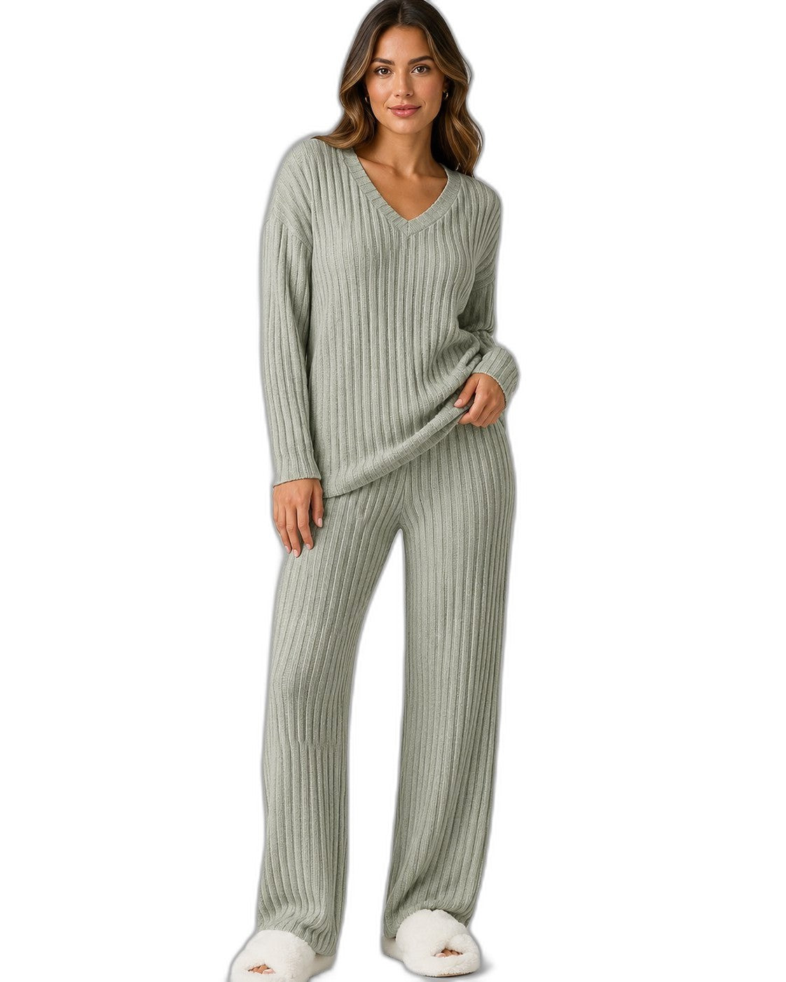 Stylish Cream Ribbed Two Piece Set for Women with Wide Leg Lounge Style