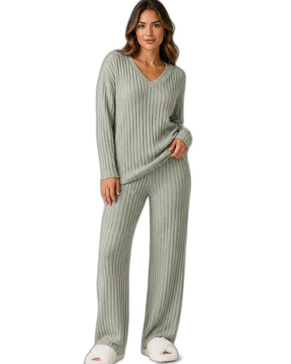 Stylish Cream Ribbed Two Piece Set for Women with Wide Leg Lounge Style