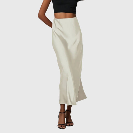Stylish Cream Satin Midi Skirt for Women with Straight Leg Office Style