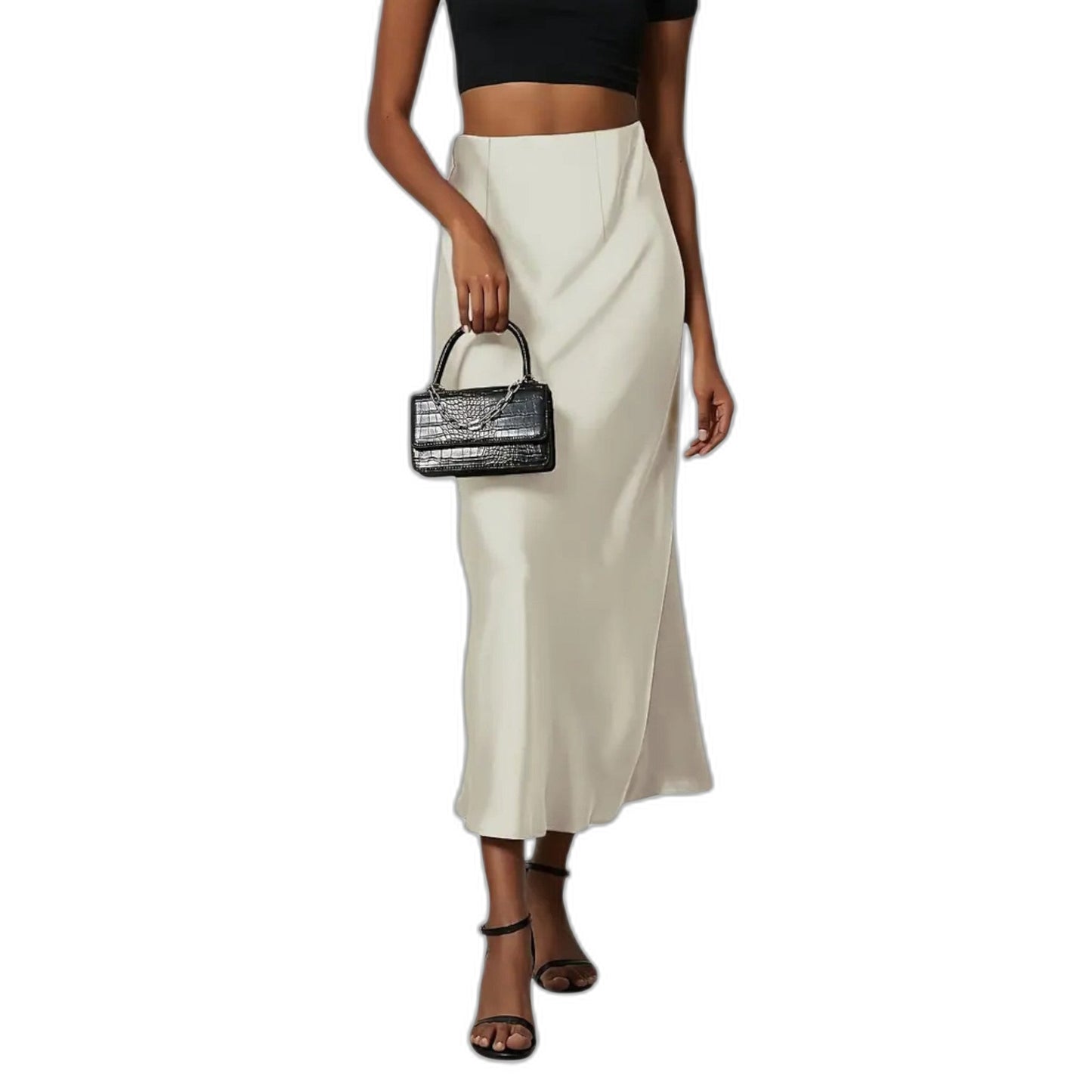Stylish Cream Satin Midi Skirt for Women with Straight Leg Office Style