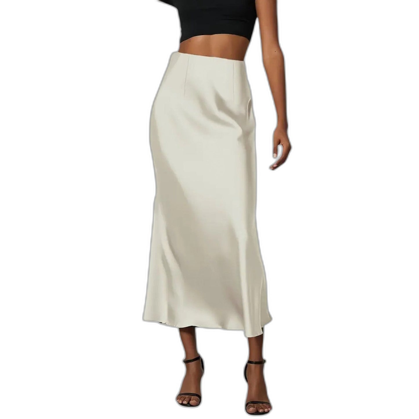Stylish Cream Satin Midi Skirt for Women with Straight Leg Office Style