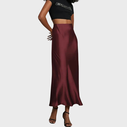Stylish Cream Satin Midi Skirt for Women with Straight Leg Office Style