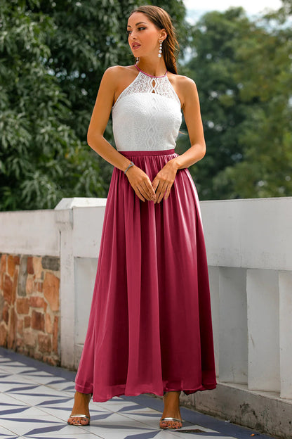 Elegant Lace Maxi Dress for Women with Halter Neck Open Back Fit and Flare Formal Wedding Guest Style