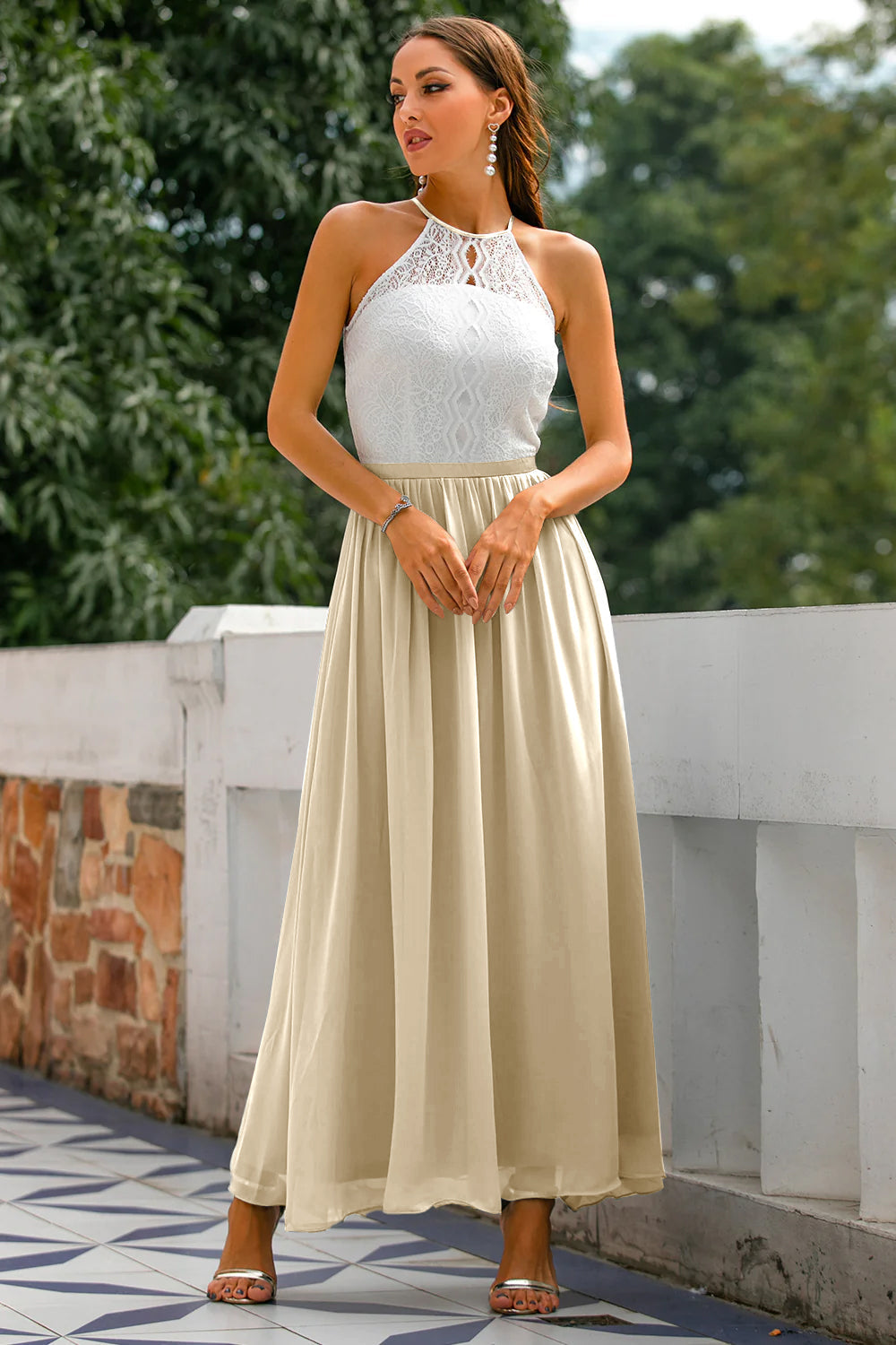 Elegant Lace Maxi Dress for Women with Halter Neck Open Back Fit and Flare Formal Wedding Guest Style