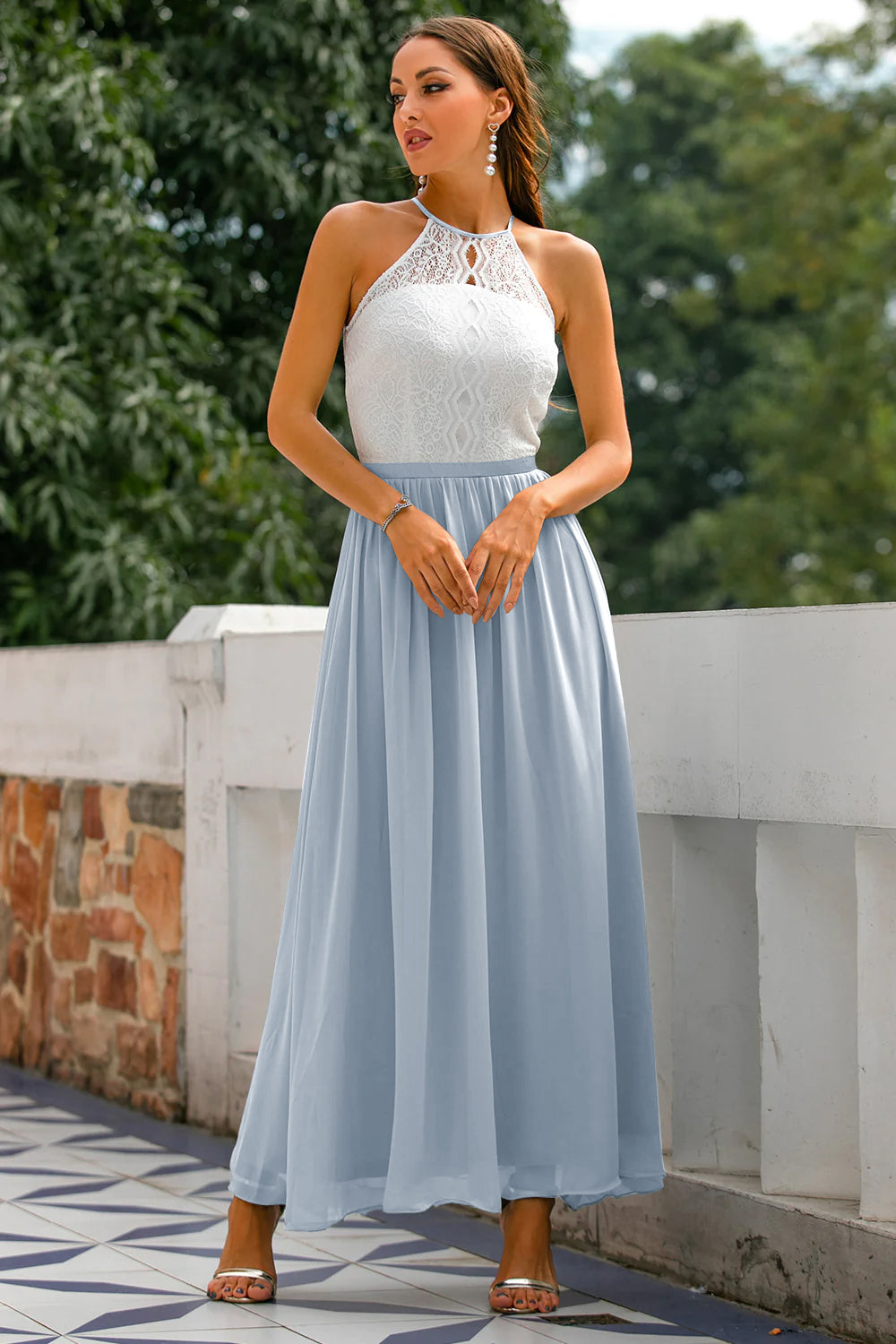 Elegant Lace Maxi Dress for Women with Halter Neck Open Back Fit and Flare Formal Wedding Guest Style