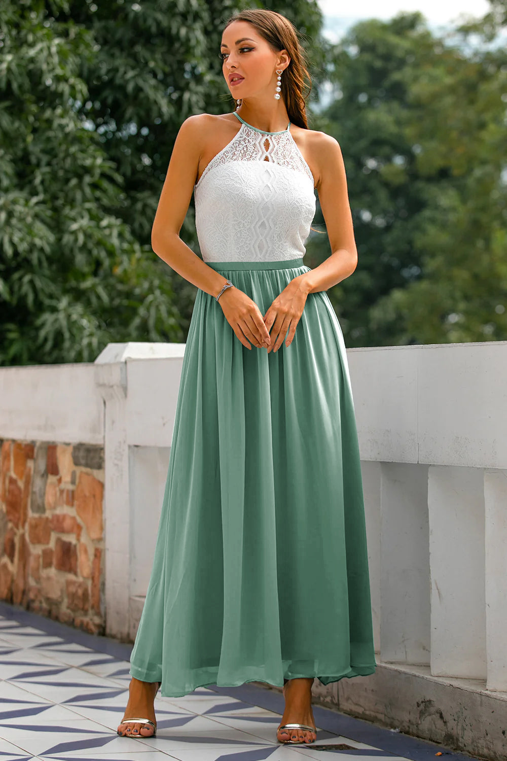 Elegant Lace Maxi Dress for Women with Halter Neck Open Back Fit and Flare Formal Wedding Guest Style