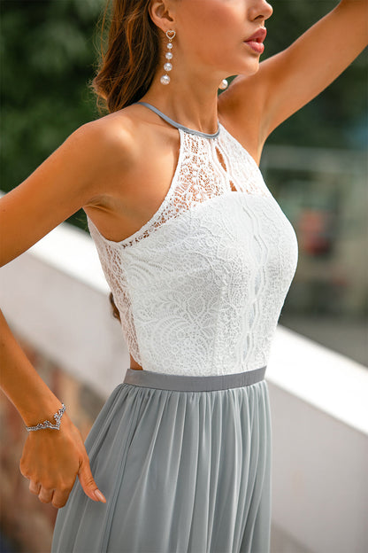 Elegant Lace Maxi Dress for Women with Halter Neck Open Back Fit and Flare Formal Wedding Guest Style