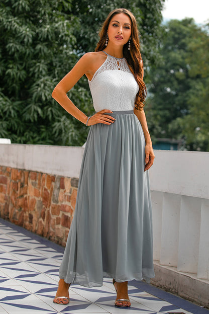 Elegant Lace Maxi Dress for Women with Halter Neck Open Back Fit and Flare Formal Wedding Guest Style