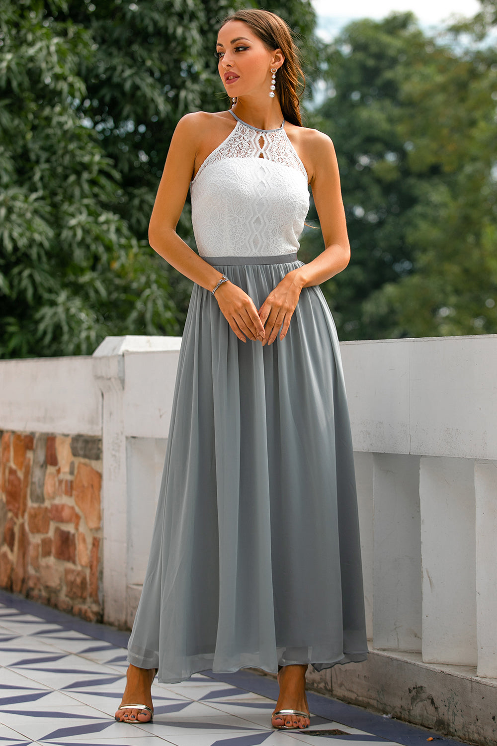 Elegant Lace Maxi Dress for Women with Halter Neck Open Back Fit and Flare Formal Wedding Guest Style
