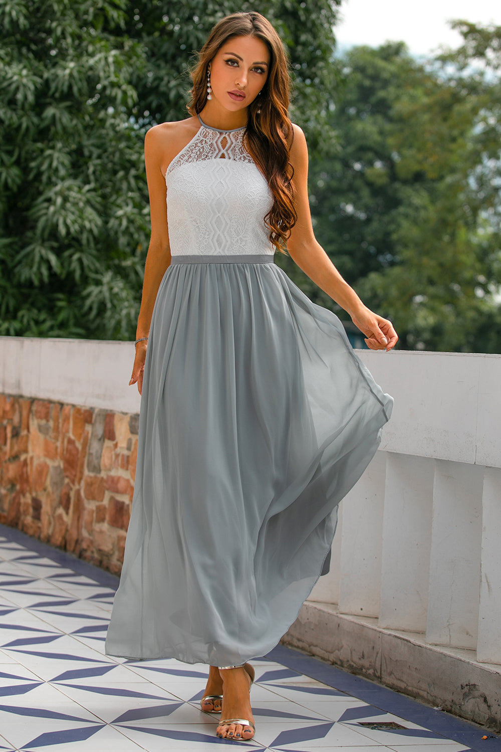 Elegant Lace Maxi Dress for Women with Halter Neck Open Back Fit and Flare Formal Wedding Guest Style