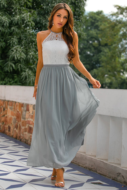 Elegant Lace Maxi Dress for Women with Halter Neck Open Back Fit and Flare Formal Wedding Guest Style