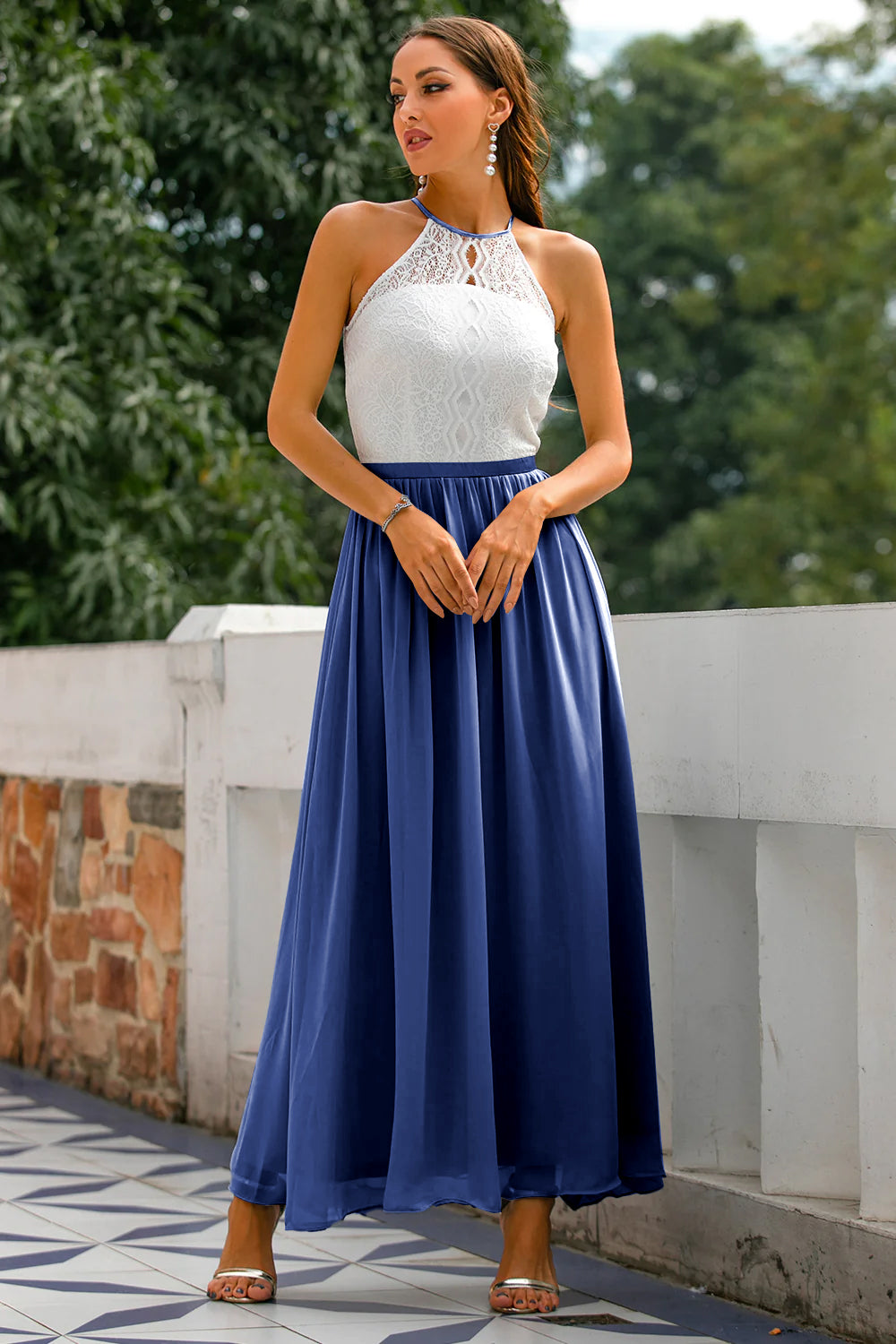 Elegant Lace Maxi Dress for Women with Halter Neck Open Back Fit and Flare Formal Wedding Guest Style
