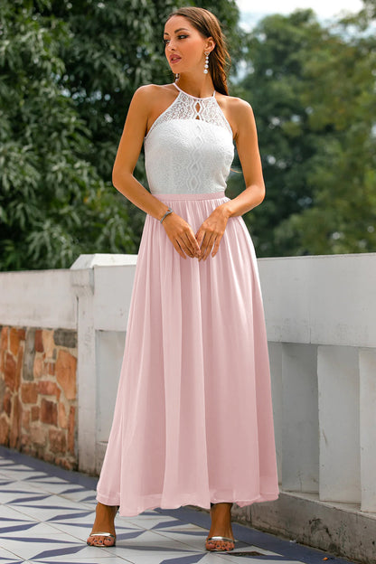 Elegant Lace Maxi Dress for Women with Halter Neck Open Back Fit and Flare Formal Wedding Guest Style