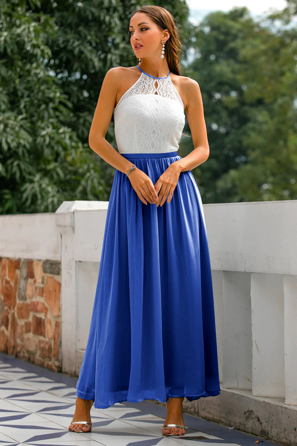 Elegant Lace Maxi Dress for Women with Halter Neck Open Back Fit and Flare Formal Wedding Guest Style