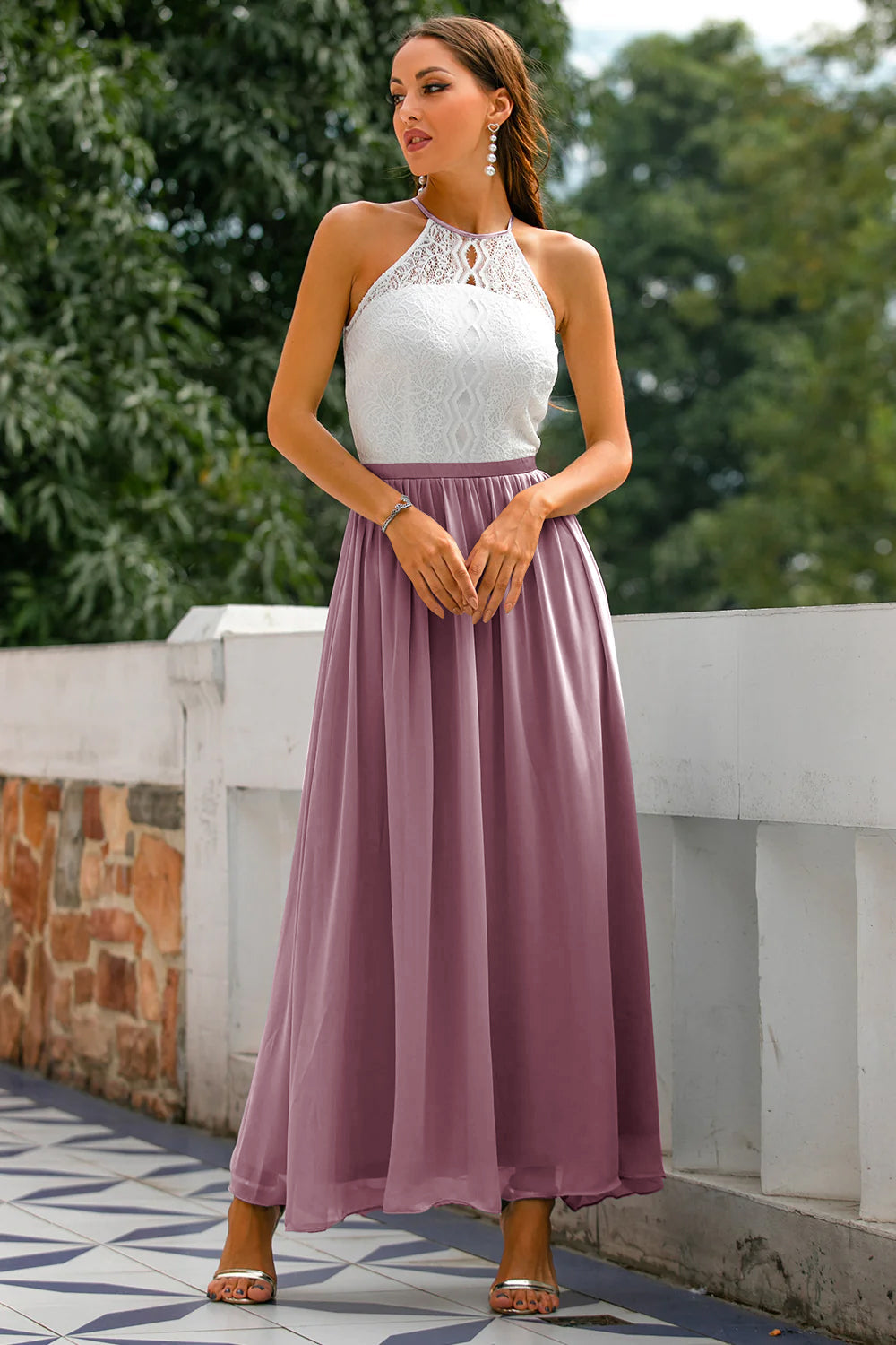 Elegant Lace Maxi Dress for Women with Halter Neck Open Back Fit and Flare Formal Wedding Guest Style