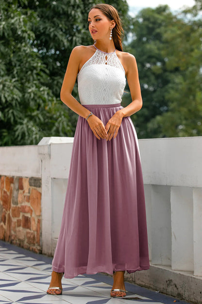 Elegant Lace Maxi Dress for Women with Halter Neck Open Back Fit and Flare Formal Wedding Guest Style