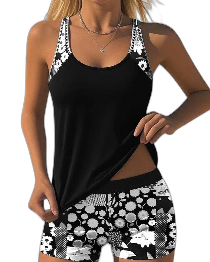 Stylish Floral Bikini for Women with Crew Neck Sleeveless Vacation Style