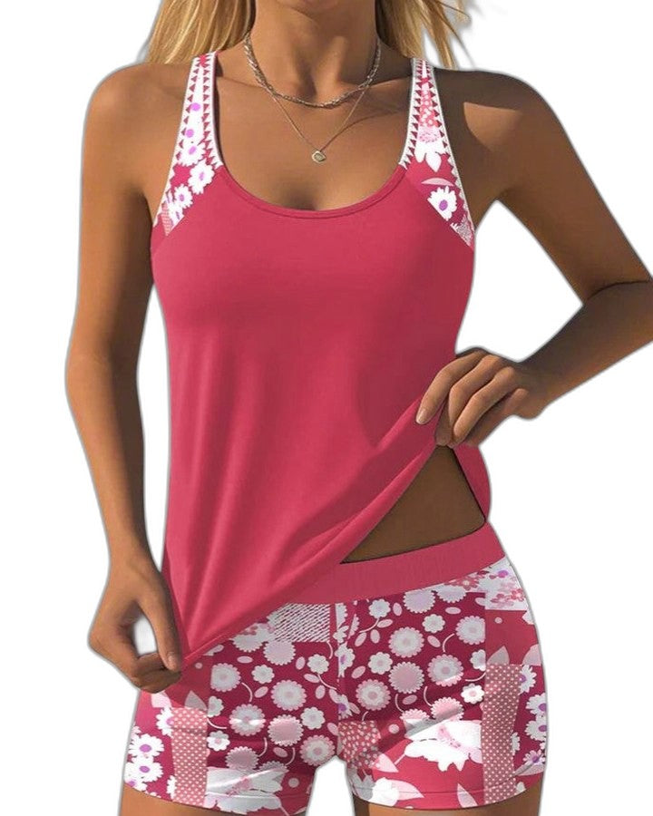 Stylish Floral Bikini for Women with Crew Neck Sleeveless Vacation Style