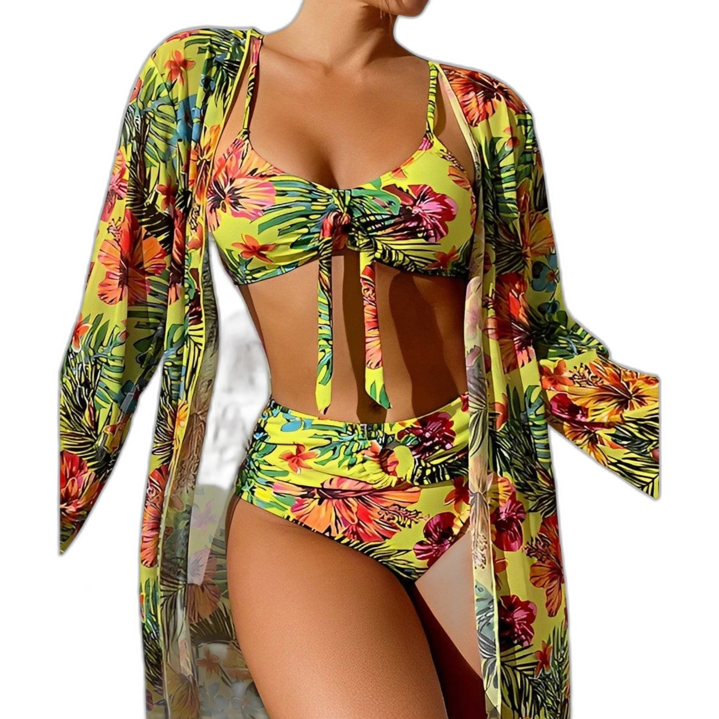Stylish Floral Bikini for Women with Plunge Neck Long Sleeve Vacation Style