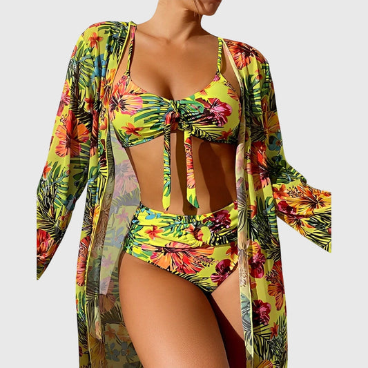 Stylish Floral Bikini for Women with Plunge Neck Long Sleeve Vacation Style