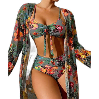 Stylish Floral Bikini for Women with Plunge Neck Long Sleeve Vacation Style