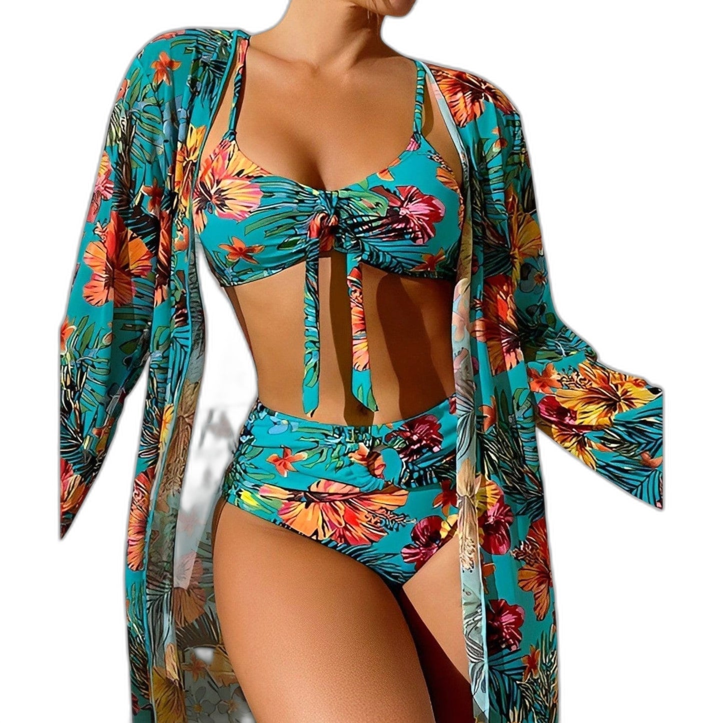 Stylish Floral Bikini for Women with Plunge Neck Long Sleeve Vacation Style