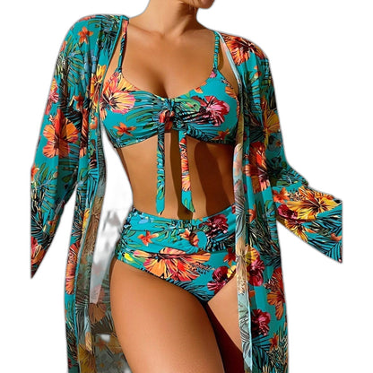 Stylish Floral Bikini for Women with Plunge Neck Long Sleeve Vacation Style