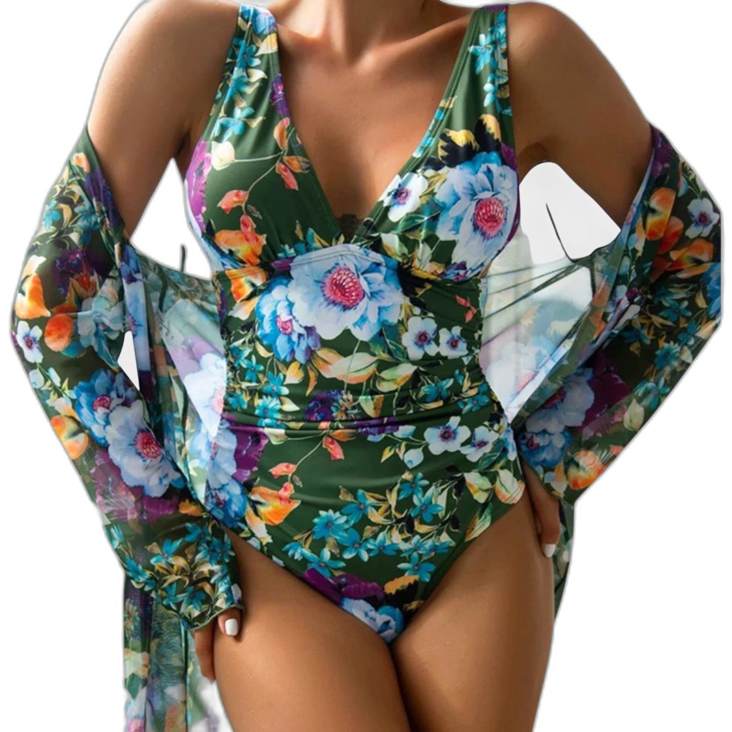 Stylish Floral Swimsuit for Women with Plunge Neck Long Sleeve Vacation Style