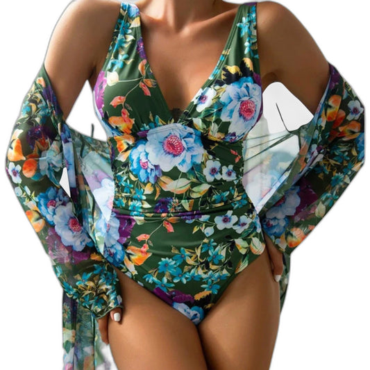 Stylish Floral Swimsuit for Women with Plunge Neck Long Sleeve Vacation Style