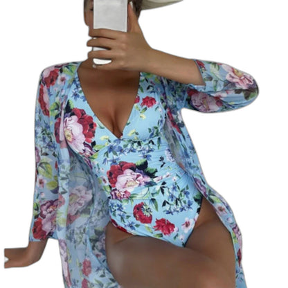 Stylish Floral Swimsuit for Women with Plunge Neck Long Sleeve Vacation Style